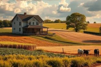 Farm Bureau agent discussing home insurance policy options with a homeowner in a rural setting.