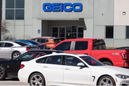 A graphic summarizing the Geico Car Insurance Review, featuring key highlights on pricing, coverage options, and customer satisfaction ratings.